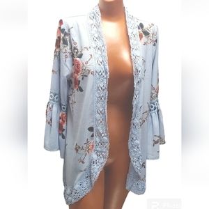 Boho Fairy Cardigan Woman Med Cottage Blue Floral Roses Crochet Bell Sleeves Nwt